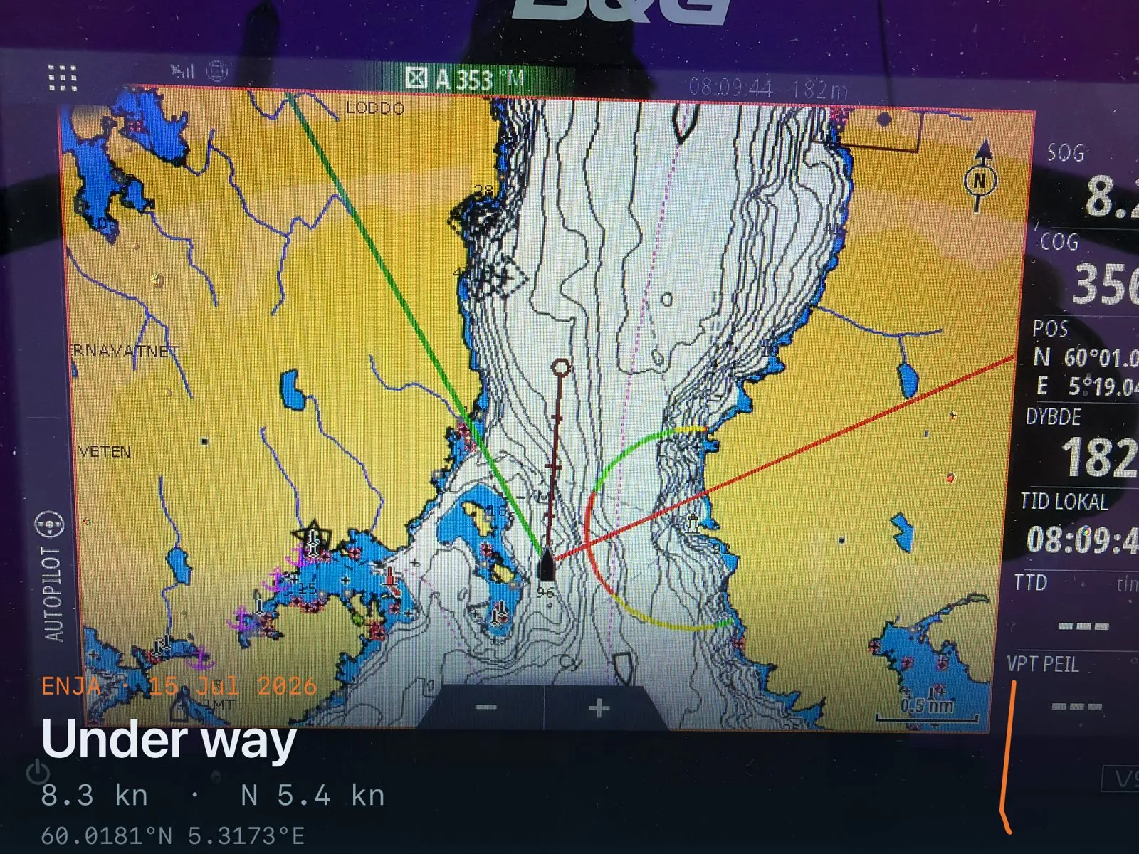 A B&G plotter screen reading SOG 8.2 knots, COG 356 degrees, depth 182 metres