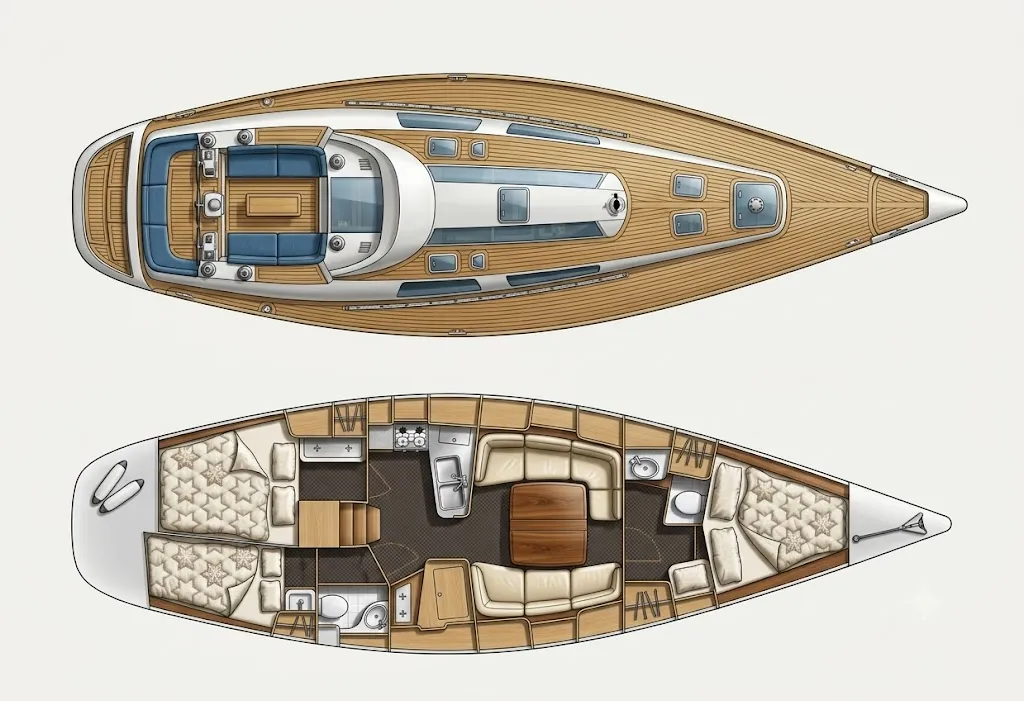 Accommodation plan of a Comfortina 42: V-berth forward, saloon amidships, two cabins aft