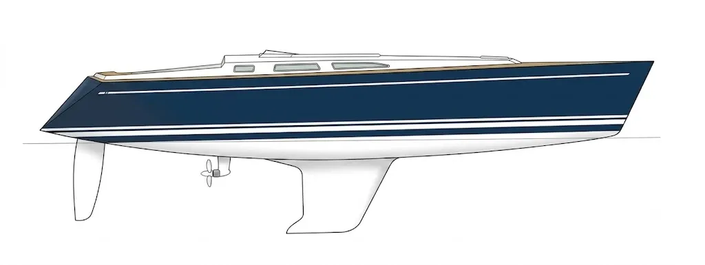 Profile of a Comfortina 42, showing the fin keel, saildrive propeller and spade rudder