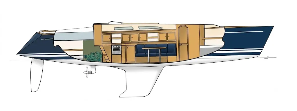 Cutaway of a Comfortina 42, showing the saloon, galley and cabins